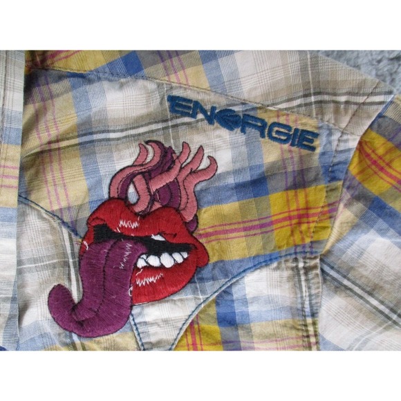 Energie Shirt Mens XL Multicolor Western Pearl Snap Button Plaid Embroidered - Picture 6 of 16